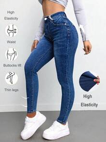 Vaqueros de mezclilla rectos, casuales, sexys, con lavado claro, rotos, con bolsillos de rejilla, largo largo, tejido elástico medio. - Azul - Ver 1