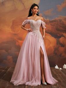 VIPGIRL New Elegant Off Shoulder Mesh Slit Luxury Evening Dress - Pink - View 4