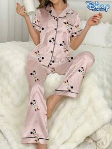 Disney 2pcs Minnie Mouse Cartoon Print Comfortable Jersey Casual Button-Front Top And Elastic Waist Pants Pajama Set For Women, Soft And Breathable Silk-Like Fabric, Suitable For All Seasons Loungewear