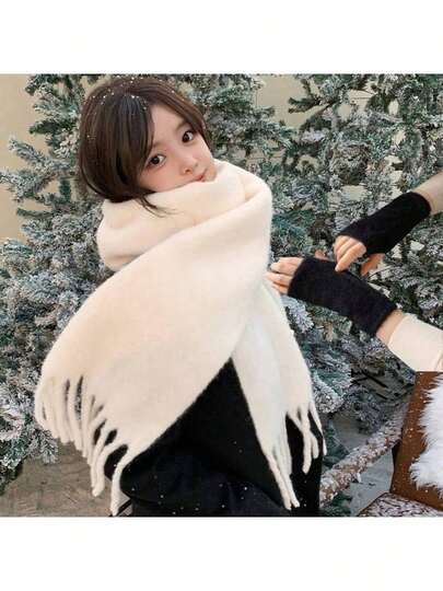 2pcs Solid Color Scarf, Winter Warm Neck, Thickened Wool Knitted Thick Fringed Shawl, Can Be Worn