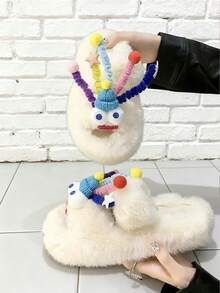 Candy Color Fluffy Pom-Pom Thick Sole Women's Slippers, Warm Plush Lining Indoor/Outdoor Wear, Soft Non-Slip Sole, Multiple Colors Available - White - View 4