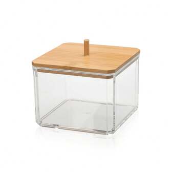 1pc Transparent Storage Box With Bamboo Lid, For Storing Cleaning Swabs, Balls, Laundry Detergent Sticks, Christmas Decorations, And Various Small Items