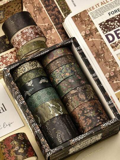 5/12 rolos/caixa, fita washi de paisagem retrô, rolos de adesivos com estampa floral criativa de guindaste de montanha, fita adesiva para decoração de scrapbook e embrulho de presente, adequada para Dia dos Namorados, Dia das Mães, Páscoa, Halloween, Natal