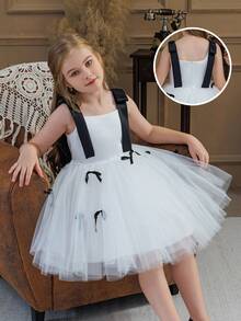 Elegantes Prinzessinnenkleid für Kleine Mädchen mit Spaghettiträgern, Schleife und Tüll, geeignet als Geburstagskleid, für Bankette, Abschlussbälle, formelle Anlässe, Feierlichkeiten, Blumenmädchenkleid zur Hochzeit - Weiss - Übersicht 11