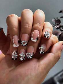 Y2K 24Pcs Set French Style Black & White Tie Dye Polka Press-On Nails, Reusable, With Bowknot, Rhinestones, Cute & Chic, Suitable Dates, Spring, New Year,, Daily, Birthday, Festival, Spring/Summer New Arrival Nail Supplies Nails - 黑白4 - 查看 8