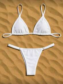 Women's Summer Bikini With Ribbon Thong And Triangle Top - trắng - Xem 2