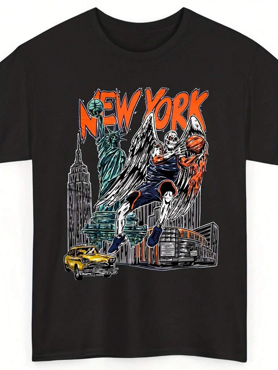 New York Basketball Streetwear Graphic Tee – Skeleton Reaper Basketball Vintage Graphic Tee - Warren Lotas Style Inspired T-Shirt - 款式19 - 查看 1
