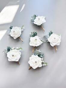 1 pieza/6 piezas Flor de rosa artificial de PE Boutonnière del novio Corsage del hermano Pasador de graduación Traje de boda Flores de fiesta Decoración