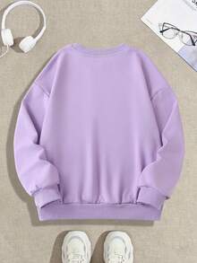 1 pieza Sudadera de niña con estampado "Sonrisa" fresco, tela suave, estilo versátil para salidas casuales - Morado - Ver 3