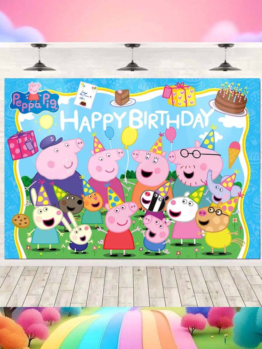 Peppa Pig Theme Photography Background Cloth, Birthday Party Decoration Banner, Cartoon Cute Background Decoration, Outdoor Warm Atmosphere Decoration Hanging Cloth - Multicolor - View 1