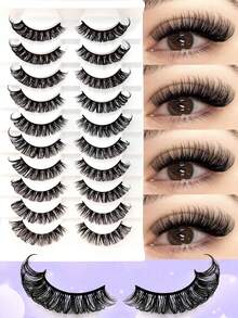 10 Pairs D Curl Russian Strip False Eyelashes Cat Eye Lashes Natural Look Fluffy Faux Mink Lashes Volume Wispy Long Foxy Eye Lifting Look Fake Eyelashes - 黑色 - 查看 2