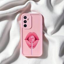 1 pieza Funda de teléfono con diseño de labios de piruleta, marco de lente mate rosa con diseño escalonado de cobertura completa y anti-caída, carcasa suave compatible con Samsung/Galaxy/OPPO/VIVO/Honor/Realme