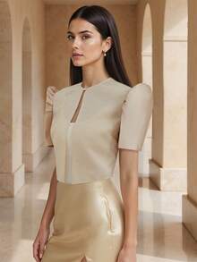 Amyenjoylife 现代菲律宾风情上衣，蝴蝶袖菲律宾风情上衣，夏季气质优雅泡泡袖短袖开衫上衣，菲律宾风情披肩 - 杏色 - 查看 1