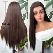 Halloween Christmas 13*4 Lace Front Wigs Straight Wigs With High Quality Synthetic Hair 28inch Highlight Wigs And Good Texture - 挑染棕色 - 查看 4