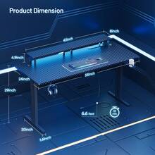HLDIRECT Gaming Desk With LED Lights & Power Outlet, Computer Gamer Desk With Monitor Stand, Ergonomic Carbon Fiber Gaming Table Home Office Desk With Cup Holder, Headphone Hook & Mouse Pad - Black - View 10