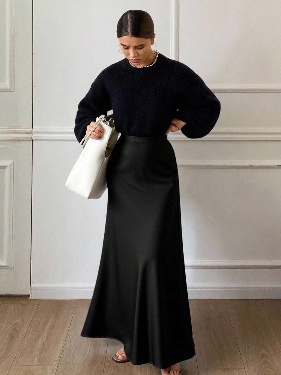 Livesso Chân váy đuôi cá màu trơn thanh lịch dành cho nữ, thích hợp cho mùa hè. - màu đen - Xem 1