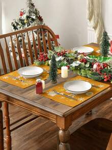 1 pieza Mantel decorativo navideño, Opciones de tamaños múltiples para camino de mesa, Decoración navideña para el hogar, Papá Noel, Campanas, Muñeco de nieve, Hombre de jengibre, Árbol de Navidad, Regalos, Enanos