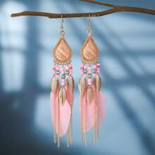 Long Bohemian Style Feather Shaped Women's Earrings, With Multiple Colors Paired With Tassel  Women's Earrings, Fashionable Daily Wear Jewelry Accessories, Suitable For Retro Accessories For Parties And Holidays, And Gifts For Anniversari - 1對 - 查看 10