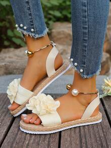 Floral Beach Slip-On Sandals For Women, Sweet Bohemian Style, Versatile For Beach Vacation, Non-Slip Soft Sole - Beige - View 6