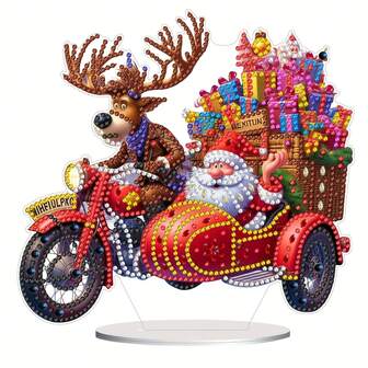 1 pieza Kit de pintura de diamantes 2D/plana de Papá Noel y renos para decoración navideña, manualidades de arte acrílico PMMA con formas de diamantes asimétricas, decoración de escritorio única, regalo de temporada navideña