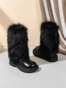1 par de botas altas de piel de ante suave y cómoda para niñas pequeñas/niñas pequeñas, con forro de peluche, cremallera, puntera redonda, forro cálido, adorno de pelo para botas de nieve de invierno, adecuadas para niñas de 3 a 15 años para uso diario, vacaciones, otoño/invierno - Negro - Ver 4