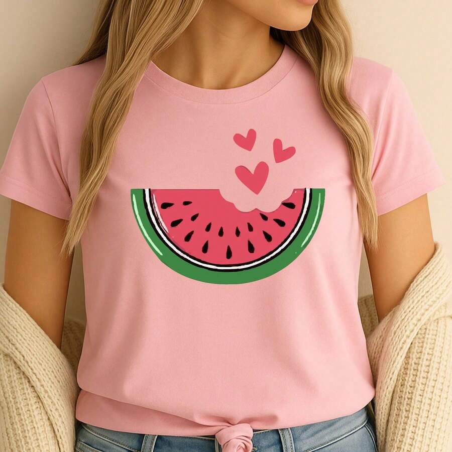 T-Shirt Estampada MELANCIA COM CORAÇÕES Camiseta Básica 100% Algodão 30.1 Leve e Fresquinha Para o Verão - Rosa Bebê - Visão 1