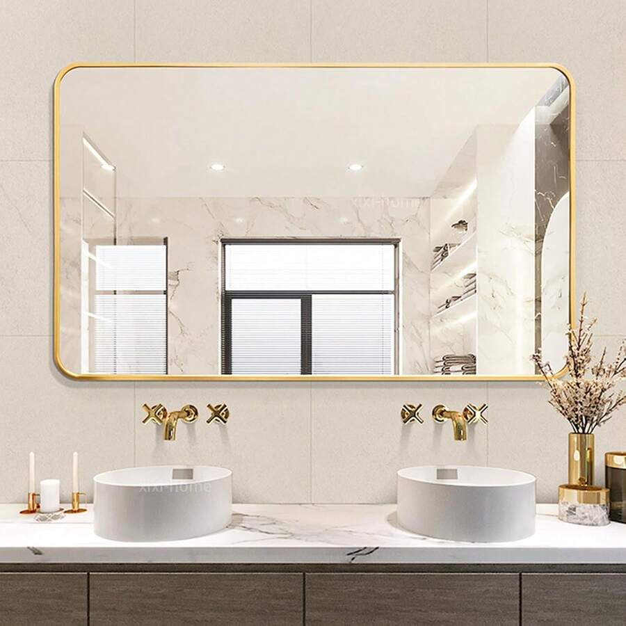 Gold Bathrooirror 23.6 * 31.5in Rounded Corners Rectangle Vanity Mirror,Metal Framed Wall Mirror For Over Sink Bedroom,Modern Drative Mirror Square Farmhouse-Golden,24331723 - 金色 - 查看 1