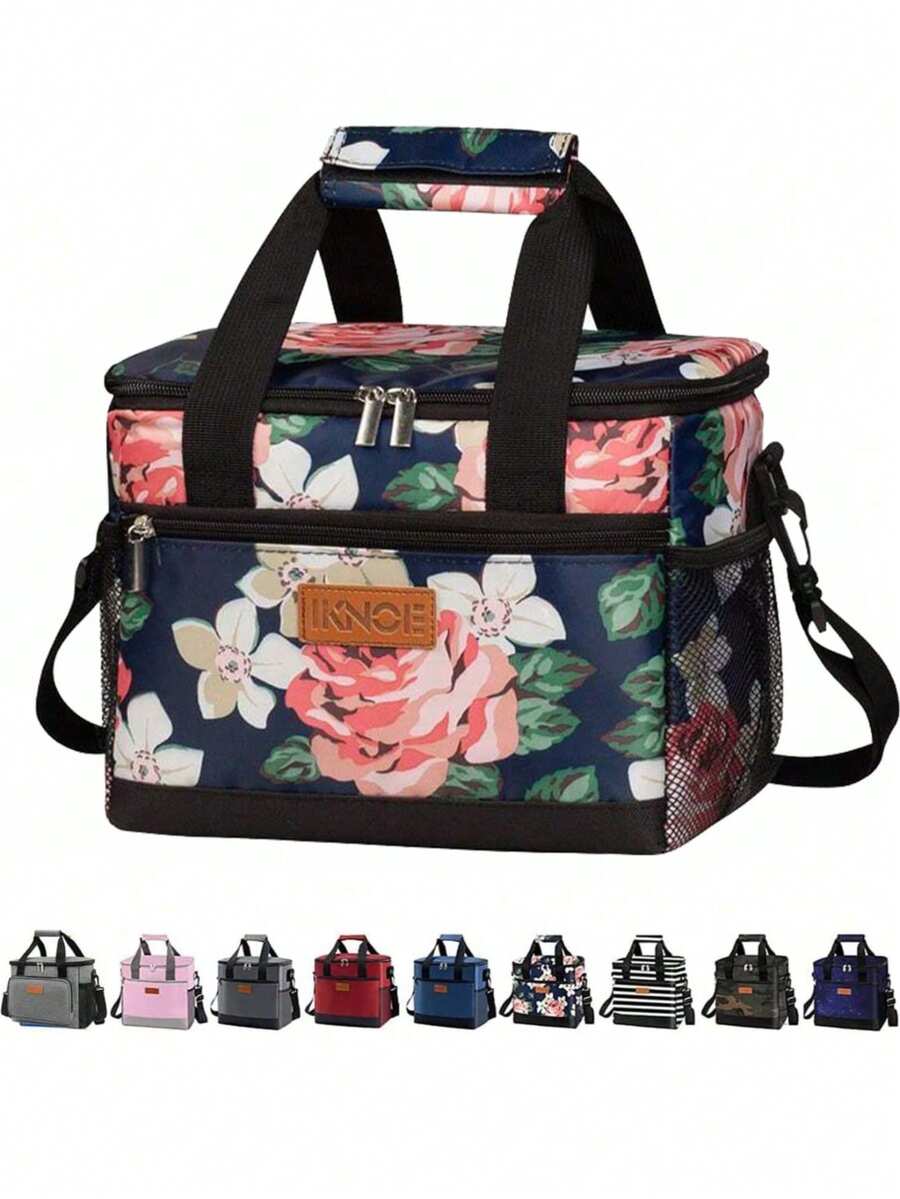 "Floral Print Insulated Lunch Bag - 600D Oxford Waterproof Thermal Cooler For Office, School And Picnics, Leakproof Portable Bag With Shoulder Strap, Multi-Color, Good Heat Preservation" - Multicolor - View 1