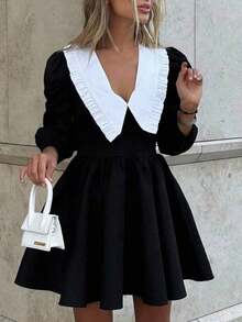 Women's Fashion Contrast Color Casual Ruffle Collar Dress - Black - View 1