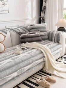 1pc Rabbit Fur Sofa Cushion Cover, Tie-Dye Striped, Thick & Warm For Winter, Anti-Slip & Anti-Scratch Sofa Protector, Ins Style