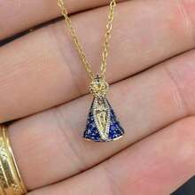 Gold Filled Virgem Aparecida Necklace: Zirconia Religious Jewelry - Màu xanh lam - Xem 11