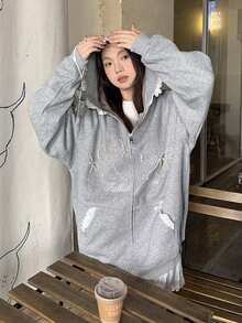 2024 Autumn Grey Lace Pearl Hooded Sweatshirt Jacket For Women, Loose Fit Flattering Design With Zipper