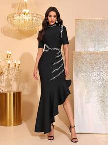 全新优雅水钻装饰荷叶边拼接立领不对称修身中长连衣裙，适合婚礼、正式场合、生日派对 - 黑色 - 查看 1