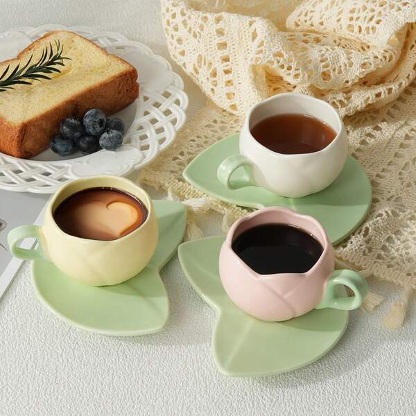 90ml Ceramic Tulip-Shaped Coffee Cup & Saucer Set With Leaf Coaster, Elegant & Practical, Warm & Cute, Suitable For Office, Restaurant, Home Use, Easy To Clean