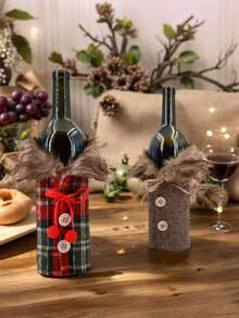 1 PIEZA Elegante disfraz de botella de vino con cuello de suéter y cierre de botones - Cuadros festivos o colores sólidos - Tela para todas las estaciones Vestido para Navidad, San Valentín, bodas, Año Nuevo - Funda decorativa para botellas de vino, decoración de fiesta fácil de limpiar, diseño de suéter acogedor con cierre de botones, perfecto para decoración de mesa festiva y exhibición de botellas de vino - Multicolor - Ver 1