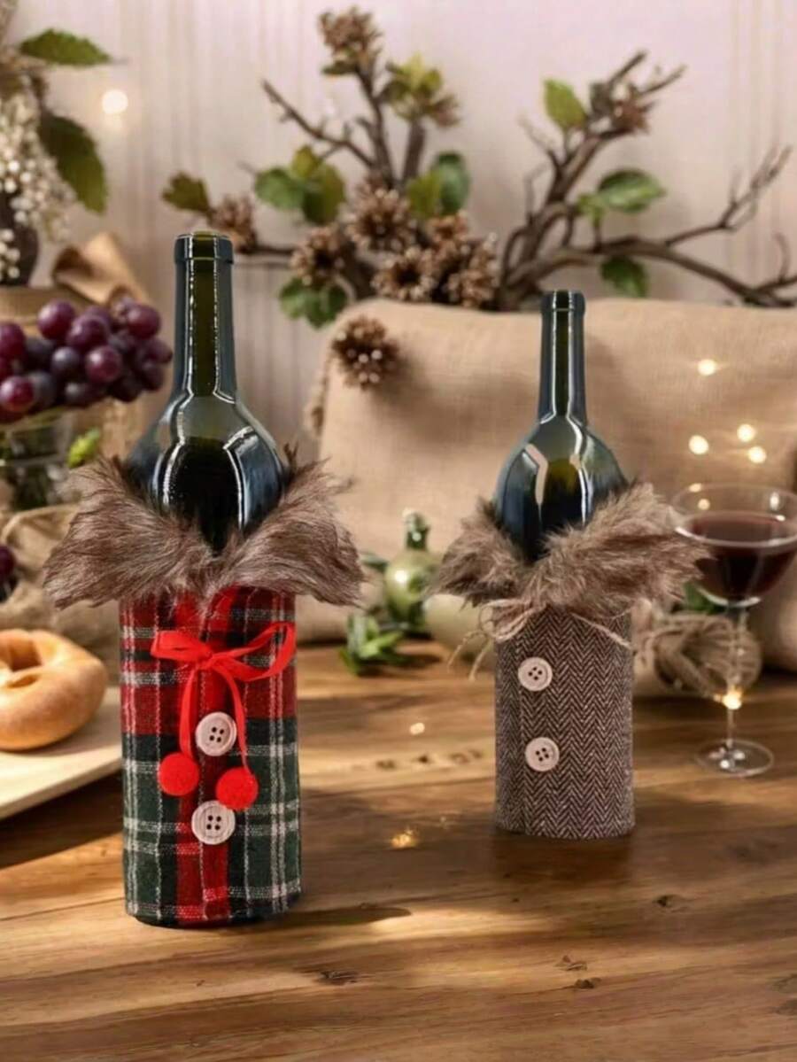 1 PIEZA Elegante disfraz de botella de vino con cuello de suéter y cierre de botones - Cuadros festivos o colores sólidos - Tela para todas las estaciones Vestido para Navidad, San Valentín, bodas, Año Nuevo - Funda decorativa para botellas de vino, decoración de fiesta fácil de limpiar, diseño de suéter acogedor con cierre de botones, perfecto para decoración de mesa festiva y exhibición de botellas de vino - Multicolor - Ver 1