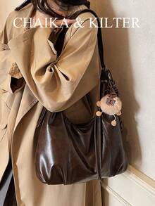 1 pièce Sac à épaule en forme de croissant en cuir PU de couleur unie pour femmes, mode vintage, avec poignée supérieure, fermeture éclair, bandoulière réglable, convient pour un usage quotidien et extérieur (avec pendentif)