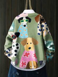 [满印] [轻薄] [毛衣] 休闲可爱小狗图案圆领长袖针织时尚轻薄毛衣 女款 秋冬 - 綠色 - 查看 2