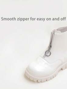 1 Pair Minimalist Solid Color Front Zipper Glossy Children Boots, Suitable For Outdoor Play, Autumn/Winter Season