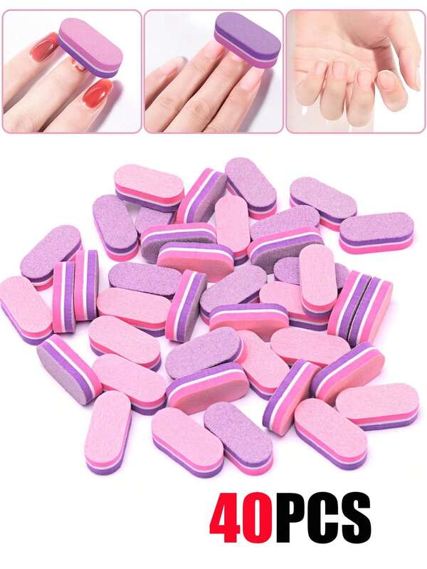 40 Peças Lixas de Unha Ovais e Quadradas de Dupla Face, Mini Blocos de Lixa de Espuma, Duráveis e Não Soltam Pelos, Para Uso Diário