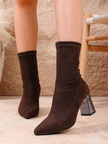 Sexy Sports Squat High Heel Pointed Toe Short Boots For Women, Autumn/Winter New Chunky Heel Black Elastic Sock Boots, Mid-Calf Fashion Casual Versatile Slim Fit Dress Boots