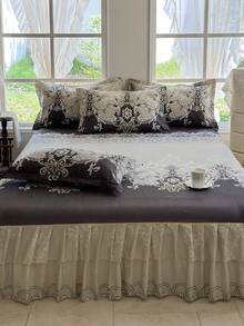 3件套床裙套装（1个床裙+2个枕套），花卉图案，柔软亲肤，适合卧室，四季皆宜 - 灰色 - 查看 2