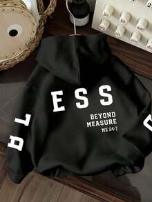 Plus Size Women's Daily Letter "ESS", Text "BEYOND MEASURE" "ME 24:7" And Sleeve Letter Pattern Hooded Long Sleeves Casual Spring/Summer/Fall Women's Plus-Size Long-Sleeved Sweatshirt Christmas Going Out Tops Women, Vacation Outfits Women - Black - View 6