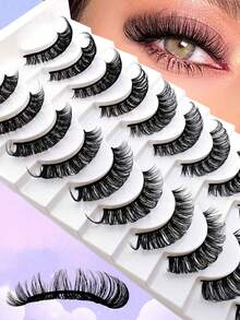 10 Pairs D Curl Russian Strip False Eyelashes Cat Eye Lashes Natural Look Fluffy Faux Mink Lashes Volume Wispy Long Foxy Eye Lifting Look Fake Eyelashes - 黑色 - 查看 4