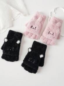 1 Pair Autumn/Winter Unisex Faux Fur Flip-Top Gloves, Cartoon Animal Design, Thick & Warm, Suitable For Riding, Writing, Half-Finger