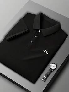 HUODA [Minimalist Design] Men's Black Casual Shirt With Geometric Print, Suitable For Golf And Casual Wear - Black - View 1