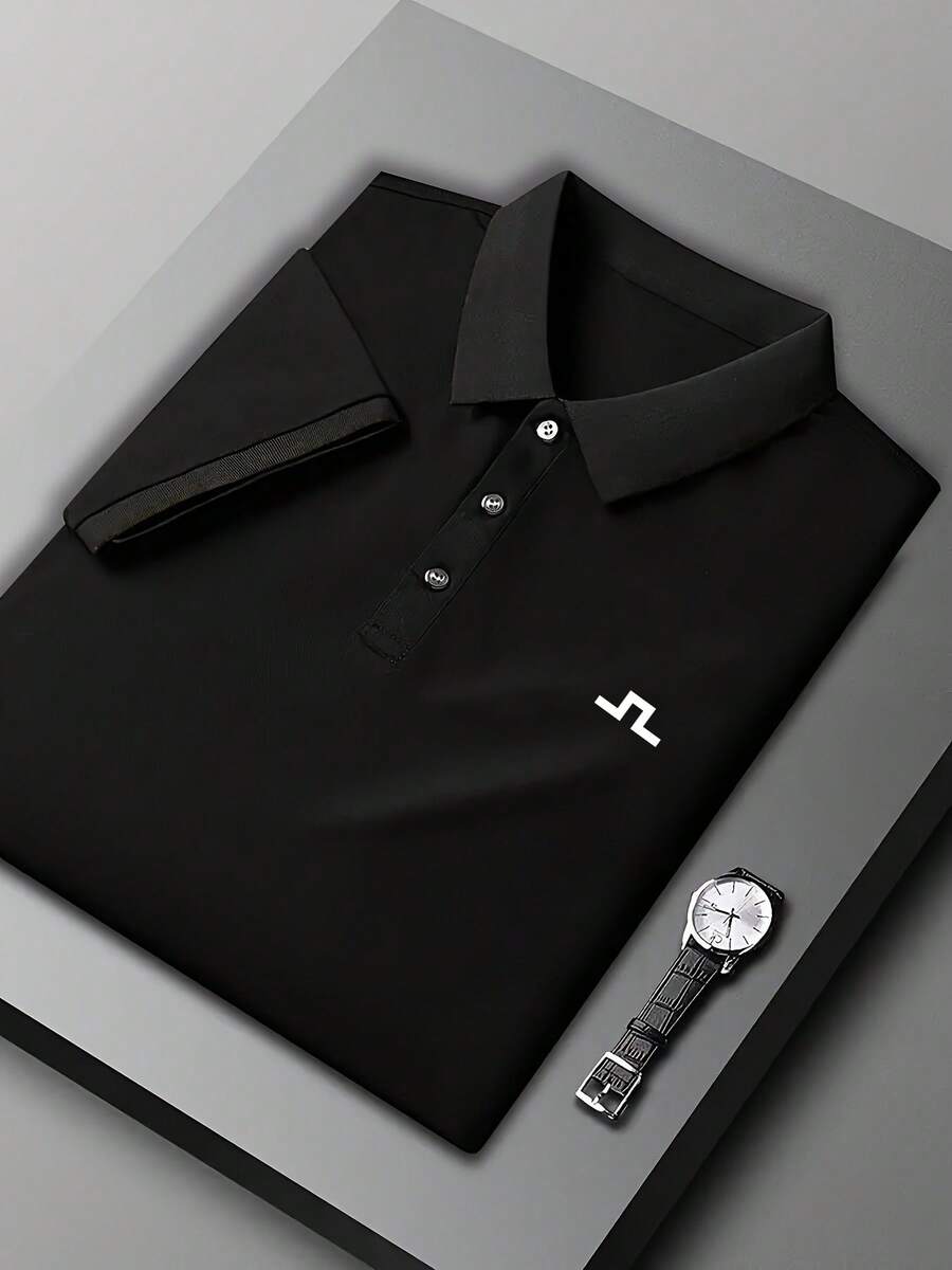 HUODA [Minimalist Design] Men's Black Casual Shirt With Geometric Print, Suitable For Golf And Casual Wear - Black - View 1