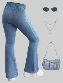 1pc Girls Casual Slim Fit Knit Jegging Pants, Fashionable & Versatile For Outdoor, Spring/Autumn - Blue - View 5