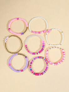 Set de 8 pulseras bohemias lindas para niñas - Corazón de arcilla de colores aleatorios y perlas de arcoíris falsas, diseño elástico apilable, accesorio para combinar a diario y regalo - Multicolor - Ver 4