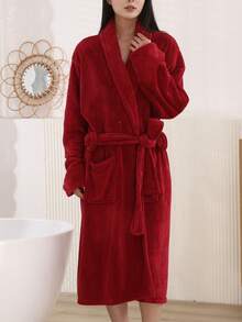 1pc Women's Coral Fleece Plaid Robe, Warm Lapel Collar With Pockets, Belted Waist, Simple Solid Color, Long Sleeve, Suitable For Autumn/Winter - Red - View 2